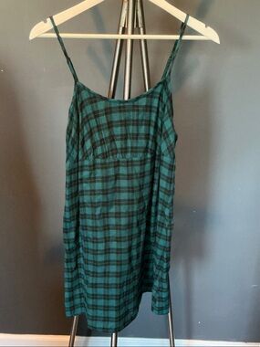Green and Black Plaid Mini Slip Dress